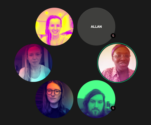 6 people on a video call with colourful filters.