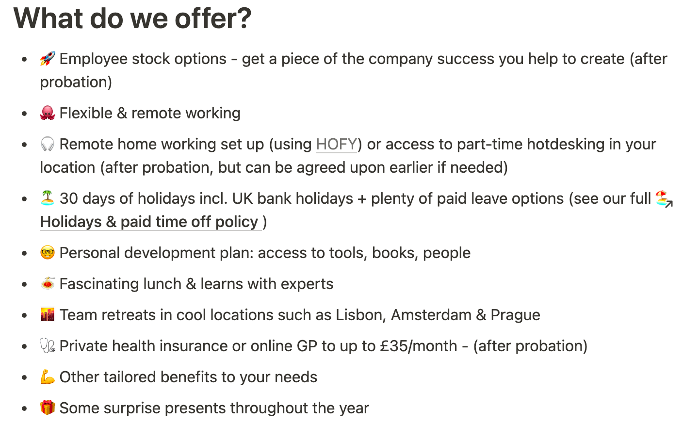 An example of the benefits Fair HQ advertises in job ads, including access to stock options, flexible working, paid time off and team retreats.