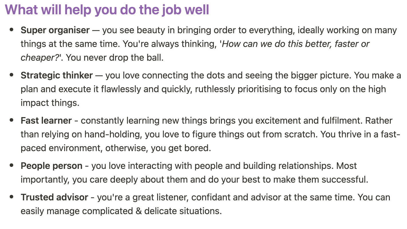 Chief of Staff job description: To do the job well, you need to be a super organiser, strategic thinker, fast learner, people person, and trusted advisor.