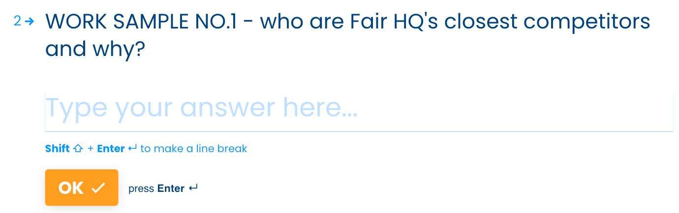 A screen shot of our work sample task: Who are Fair HQ's closest competitors and why?
