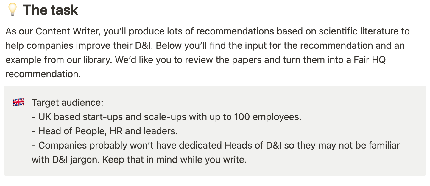 Screenshot of work sample task: Write a Fair HQ recommendation based off of scientific literature to help our customers improve diversity and inclusion in their business.