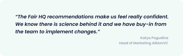 Quote from Katya: “The Fair HQ recommendations make us feel really confident. We know there is science behind it and we have buy-in from the team to implement changes.”