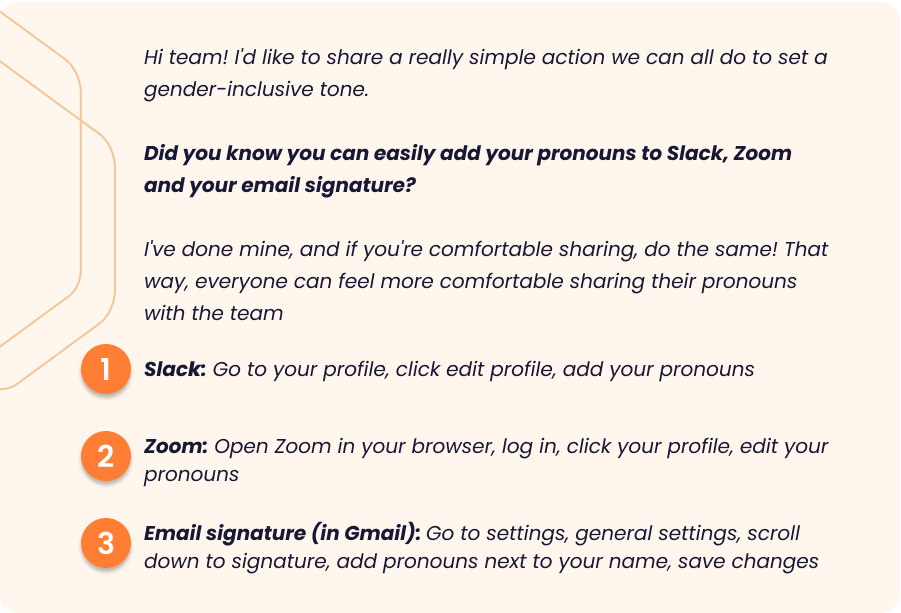 Guide on how to update pronouns in Slack, Zoom and Gmail