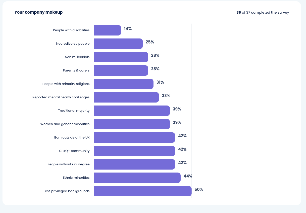 A graph showing the company make up across 13 employee groups, including people with disabilities, parents & carers, ethnic minorities, the LGBTQ+ community and more.