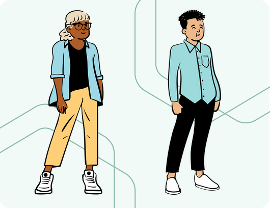 The illustration on the left shows a Black woman with a blonde ponytail, wearing a denim shirt, yellow trousers and white sneakers. The illustration on the right shows a White man with short black hair, wearing a blue buttoned shirt, black trousers and white shoes.