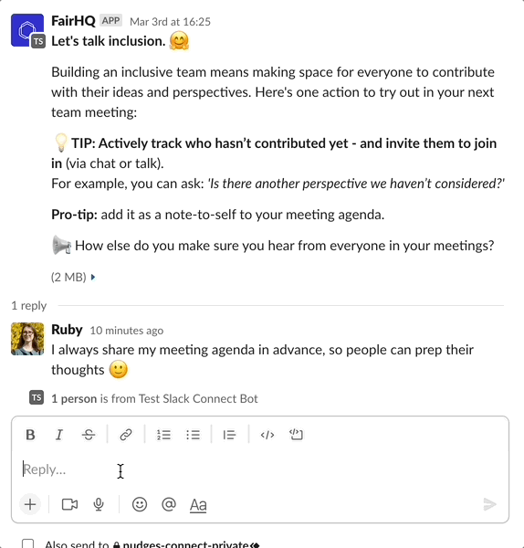 A GIF showing managers commenting on one of the Slack nudges discussing inclusive meetings.