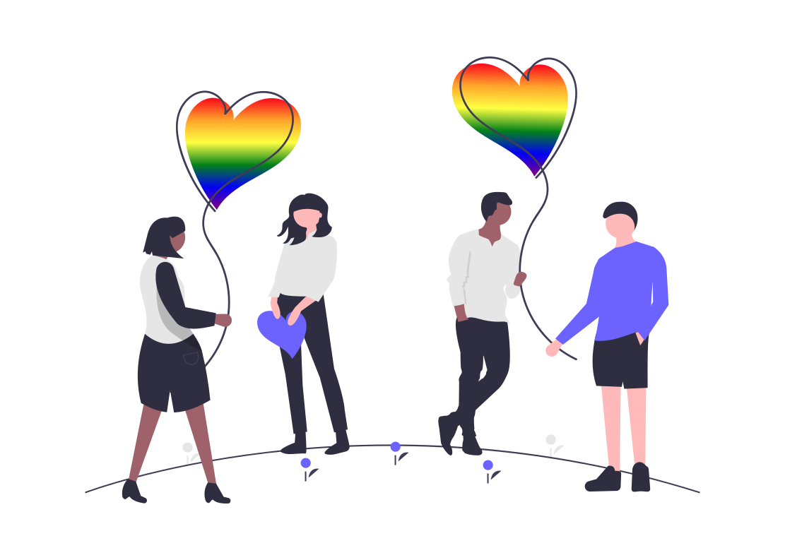 An illustration of two women and two men holding rainbow, heart-shaped balloons.