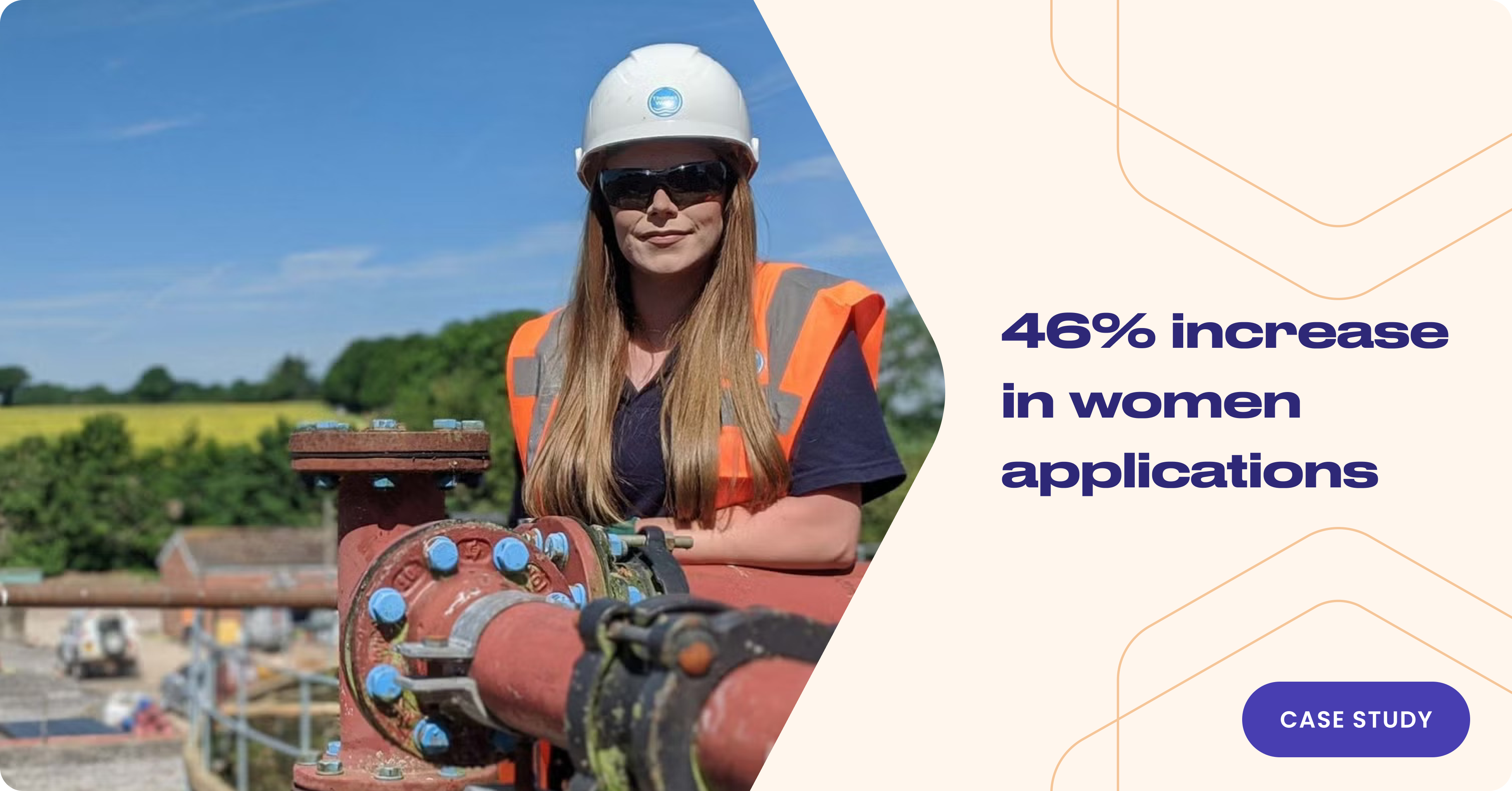 A female sewage engineer wearing a hard hat and safety vest stands confidently next to industrial equipment at a Thames Water site. The text on the image reads, “46% increase in women applications,” highlighting the success of Thames Water’s inclusive hiring practices. The image serves as a case study example of improving gender diversity in traditionally male-dominated roles.​⬤