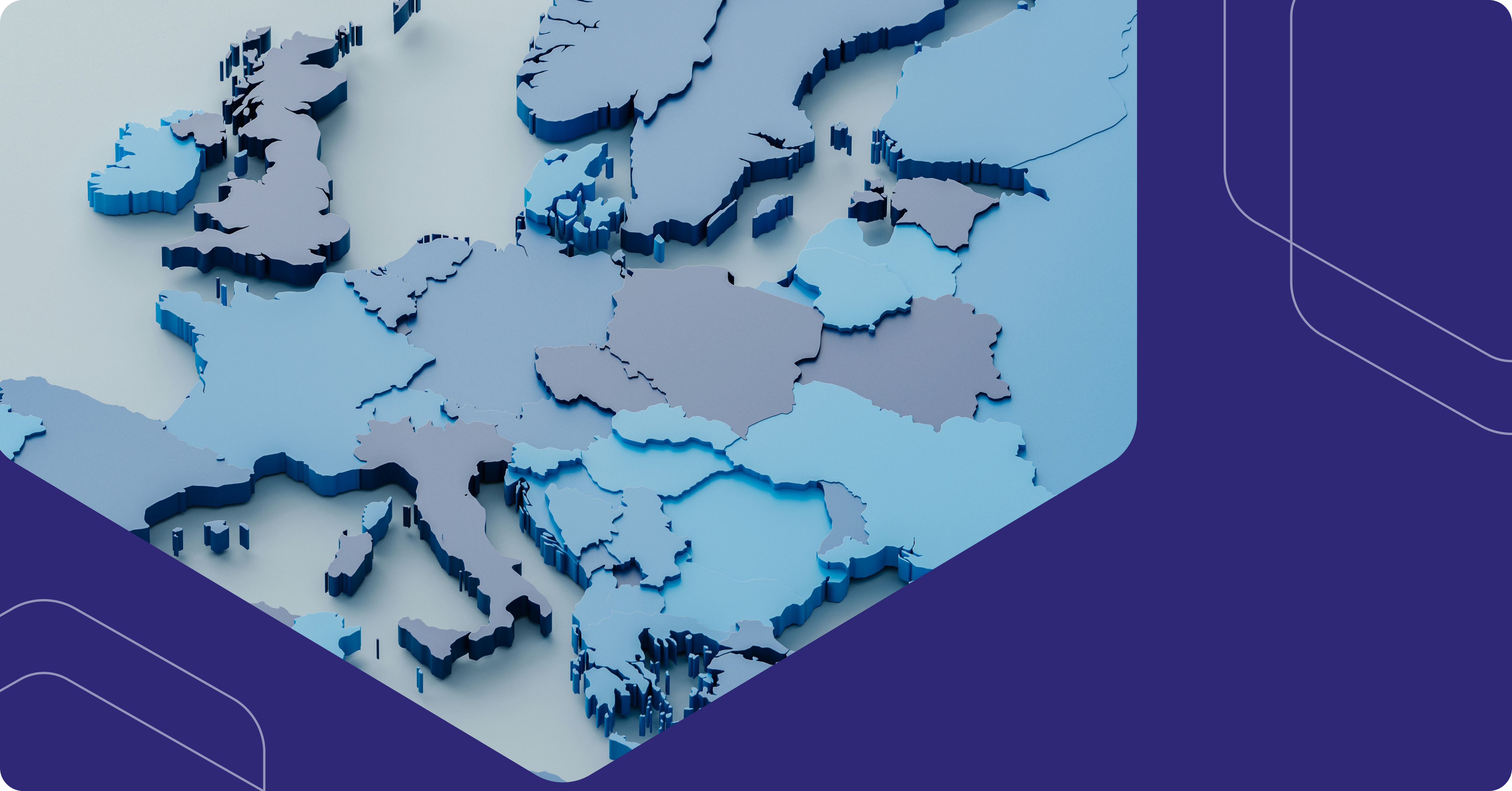 “3D map of Europe highlighting regions for EU pay transparency and diversity initiatives: The map, set against a dark blue background, represents focus areas for DEI and ESG compliance in European countries.”